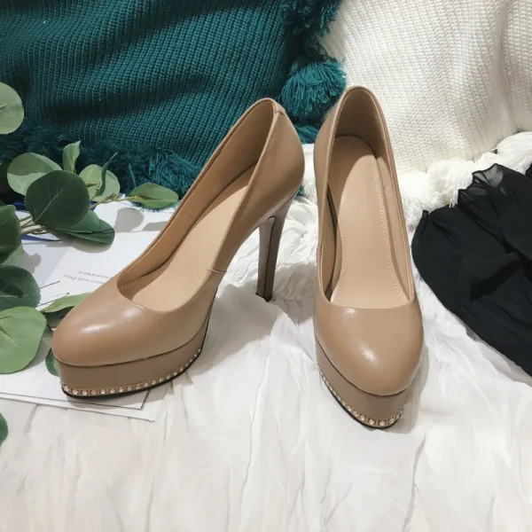 Chic / Beautiful White Evening Party Rhinestone Pumps 2021 Leather 12 cm Stiletto Heels Waterproof Pointed Toe Pumps High Heels