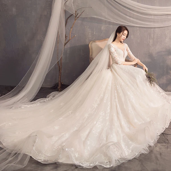 Charming Champagne Wedding Dresses 2019 A-Line / Princess Scoop Neck Star Lace Flower 3/4 Sleeve Backless Court Train