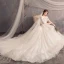 Charming Champagne Wedding Dresses 2019 A-Line / Princess Scoop Neck Star Lace Flower 3/4 Sleeve Backless Court Train