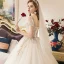 Élégant Champagne Robe De Mariée 2019 Robe Boule Encolure Carrée Perlage Paillettes En Dentelle Fleur Manches Courtes Dos Nu Train De Balayage