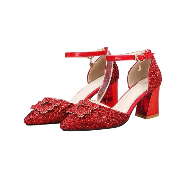 Piękne Srebrny Buty Ślubne 2019 Z Paskiem Rhinestone Cekiny 7 cm Grubym Obcasie Szpiczaste Ślub Wysokie Obcasy