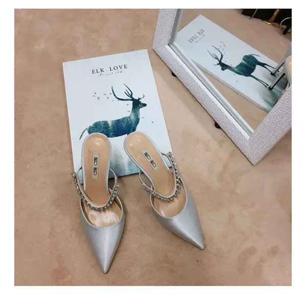 Chic / Beautiful Silver Casual Womens Sandals 2019 Leather Satin Rhinestone 9 cm Stiletto Heels Sandals Pointed Toe