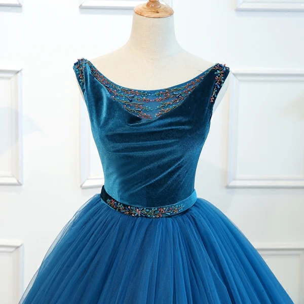 Vintage / Retro Royal Blue Quinceañera Prom Dresses 2018 Ball Gown Beading Sequins Crystal Sash Suede Scoop Neck Backless Sleeveless Floor-Length / Long