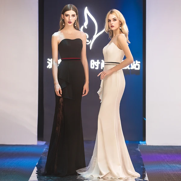Modern / Fashion Black Evening Dresses 2019 Trumpet / Mermaid Scoop Neck Sleeveless Backless Floor-Length / Long Formal Dresses