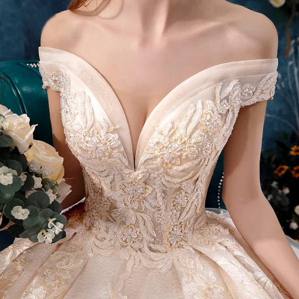 Charming Champagne Wedding Dresses 2019 A-Line / Princess Off-The-Shoulder Beading Lace Flower Sleeveless Backless Royal Train