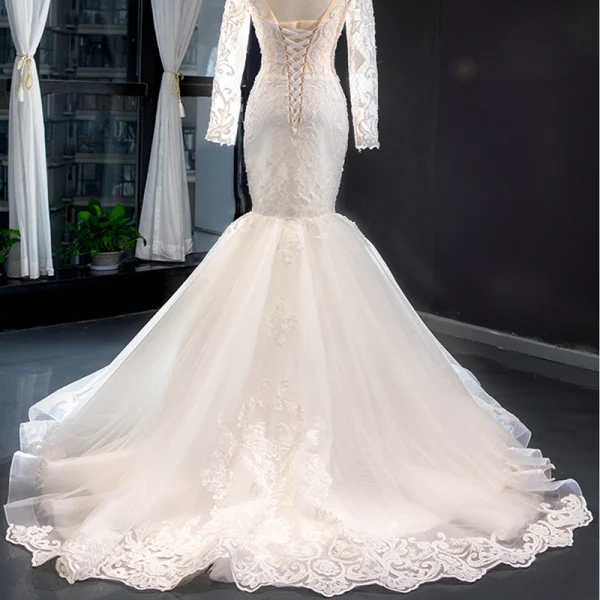 Luxury / Gorgeous Ivory Wedding Dresses 2019 Trumpet / Mermaid Scoop Neck Beading Sequins Lace Flower Long Sleeve Backless Detachable Chapel Train