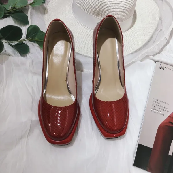 Elegant Red Prom Patent Leather Snakeskin Print Pumps 2021 Leather 9 cm Stiletto Heels Pointed Toe Pumps High Heels