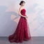 Sparkly Burgundy Evening Dresses  2018 A-Line / Princess Lace Flower Rhinestone Sequins Strapless Backless Sleeveless Sweep Train Formal Dresses