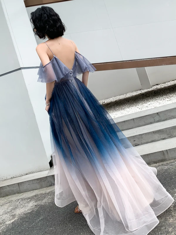 Chic / Beautiful Gradient-Color Evening Dresses 2019 A-Line / Princess Spaghetti Straps Sleeveless Backless Floor-Length / Long Formal Dresses