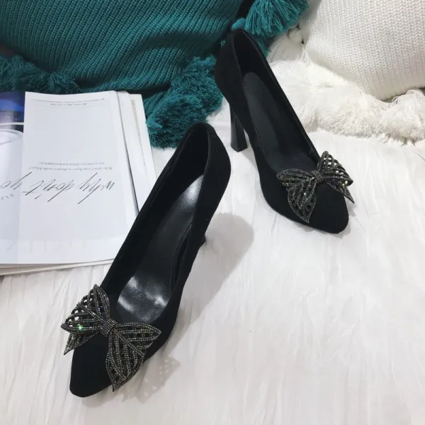 Chic / Beautiful Black Prom Pumps 2021 Leather Rhinestone Bow 10 cm Stiletto Heels Pointed Toe Pumps High Heels