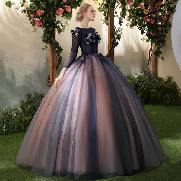 Elegant Royal Blue Quinceañera Prom Dresses 2018 Ball Gown Appliques Pearl Scoop Neck Backless 3/4 Sleeve Floor-Length / Long Formal Dresses