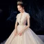 Fabulous Champagne Wedding Dresses 2019 A-Line / Princess High Neck Beading Sequins Lace Flower Short Sleeve Royal Train