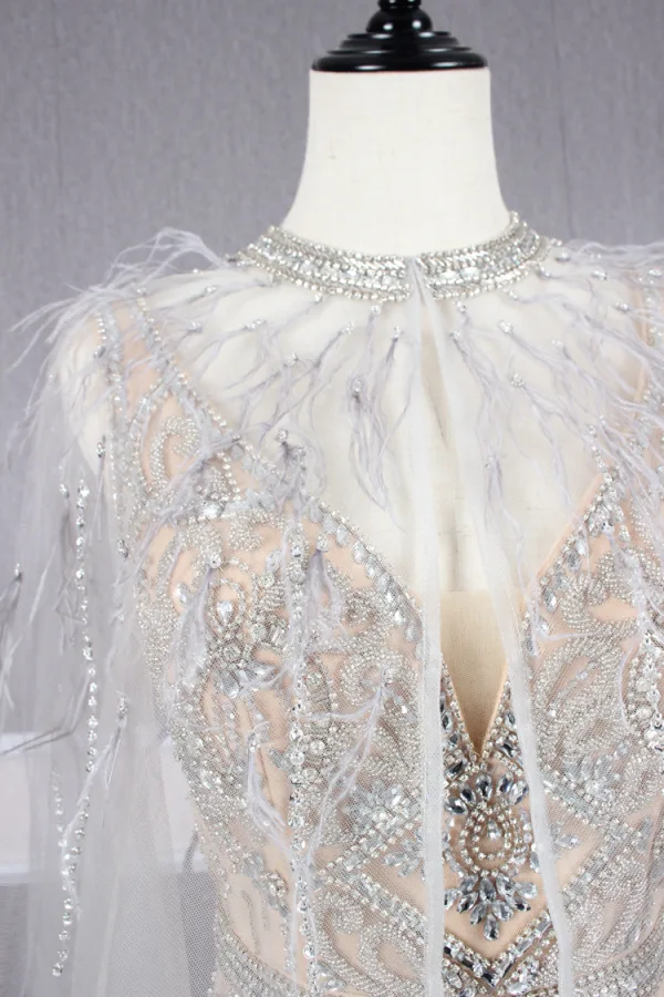 Haut de Gamme Champagne Détachable Avec Châle Robe De Soirée 2019 Trompette / Sirène V-Cou Fait main Perlage Cristal Faux Diamant Sans Manches Dos Nu Train De Balayage Robe De Ceremonie