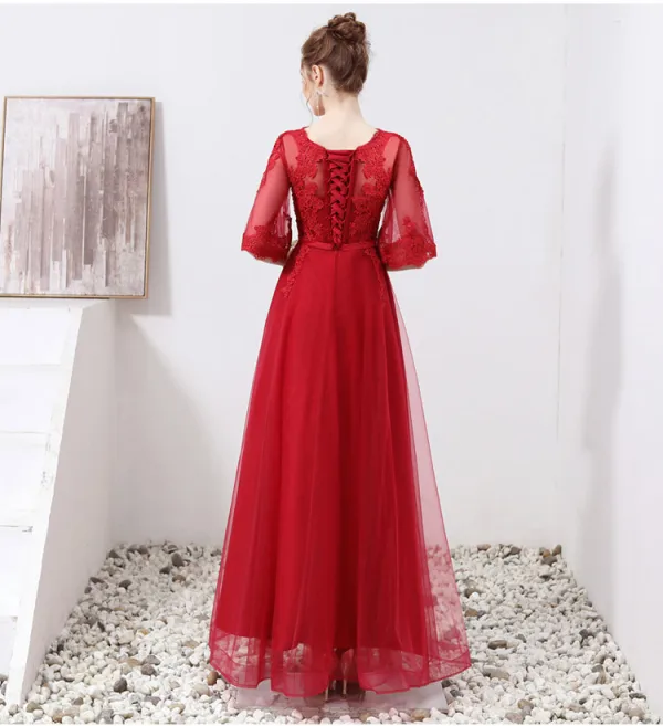 Chic / Beautiful Burgundy Evening Dresses 2019 A-Line / Princess Scoop Neck Appliques Lace Sash 1/2 Sleeves Floor-Length / Long Formal Dresses