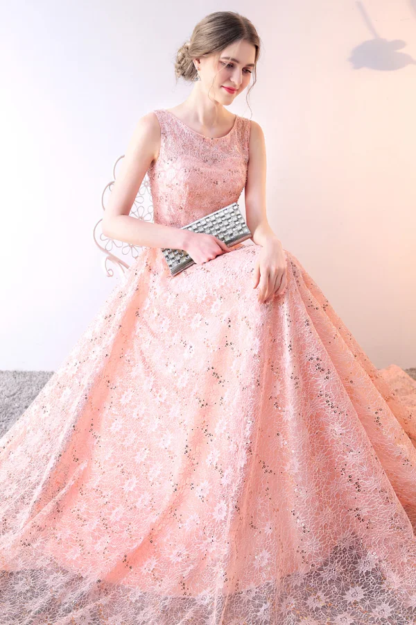 Chic / Belle Perle Rose Robe De Soirée 2019 Princesse Encolure Dégagée Paillettes En Dentelle Fleur Sans Manches Longue Robe De Ceremonie