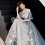 Chic / Beautiful Grey Evening Dresses  2019 A-Line / Princess Off-The-Shoulder Lace Flower Bow Short Sleeve Backless Floor-Length / Long Formal Dresses