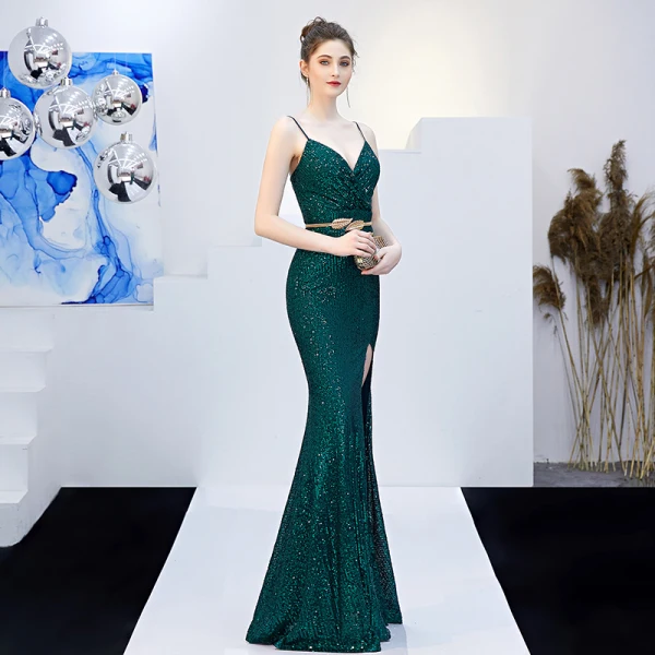 Sparkly Solid Color Dark Green Evening Dresses 2019 Trumpet / Mermaid Spaghetti Straps Sequins Sash Sleeveless Backless Split Front Floor-Length / Long Formal Dresses