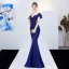 Charmant Couleur Unie Bleu Marine Robe De Soirée 2019 Trompette / Sirène De l'épaule Perlage Paillettes En Dentelle Fleur Manches Courtes Dos Nu Longue Robe De Ceremonie