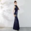 Sexy Bleu Marine Robe De Soirée 2019 Trompette / Sirène Encolure Dégagée Cristal Paillettes Sans Manches Fendue devant Longue Robe De Ceremonie