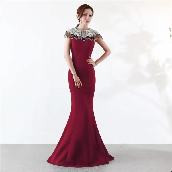 Élégant Champagne Robe De Soirée 2019 Trompette / Sirène Encolure Dégagée Perlage Perle Faux Diamant Sans Manches Longue Robe De Ceremonie