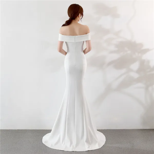 Chic / Belle Couleur Unie Ivoire Robe De Soirée 2019 Trompette / Sirène De l'épaule Faux Diamant En Dentelle Fleur Manches Courtes Dos Nu Fendue devant Longue Robe De Ceremonie