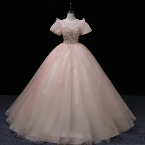 Elegante Blozen Roze Kralen Parel Pailletten Galajurken 2022 Baljurk Ronde Hals Gezwollen Korte Mouwen Ruglooze Lange Gelegenheid Jurken