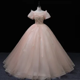 Élégant Rougissant Rose Perlage Perle Paillettes Robe De Bal 2022 Robe Boule Encolure Dégagée Gonflée Manches Courtes Dos Nu Longue Robe De Ceremonie
