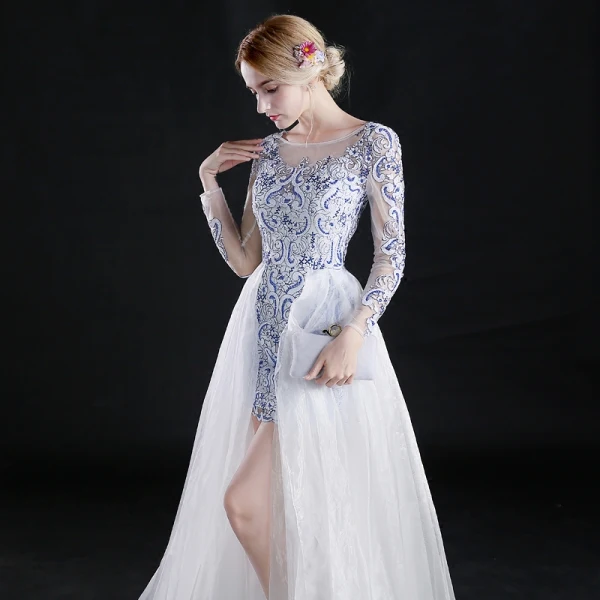 Chinese style Asymmetrical Evening Dresses 2017 A-Line / Princess Scoop Neck Long Sleeve Embroidered Flower White Organza Detachable Formal Dresses