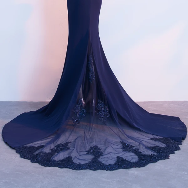 Charmant Bleu Marine Robe De Soirée 2018 Trompette / Sirène De l'épaule Manches Courtes Appliques En Dentelle Perlage Chapel Train Dos Nu Robe De Ceremonie