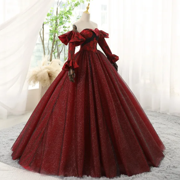 Charming Burgundy Glitter Prom Dresses 2023 Ball Gown Strapless Bell sleeves Backless Floor-Length / Long Prom Formal Dresses