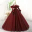 Charming Burgundy Glitter Prom Dresses 2023 Ball Gown Strapless Bell sleeves Backless Floor-Length / Long Prom Formal Dresses