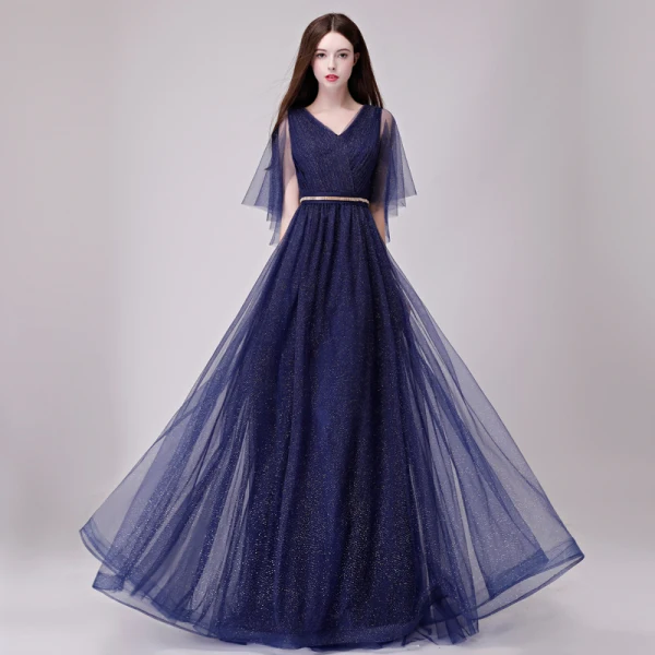 Chic / Belle Bleu Marine Robe De Soirée 2018 Princesse Glitter Métal Ceinture V-Cou Dos Nu 1/2 Manches Longue Robe De Ceremonie