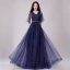 Chic / Belle Bleu Marine Robe De Soirée 2018 Princesse Glitter Métal Ceinture V-Cou Dos Nu 1/2 Manches Longue Robe De Ceremonie