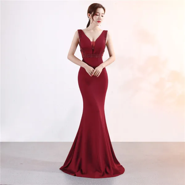 Chic / Belle Bleu Marine Robe De Soirée 2019 Trompette / Sirène V-Cou Perlage Cristal Sans Manches Dos Nu Longue Robe De Ceremonie