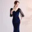 Chic Couleur Unie Bleu Marine Robe De Soirée 2019 Trompette / Sirène Daim V-Cou Perlage Gland 3/4 Manches Longue Robe De Ceremonie