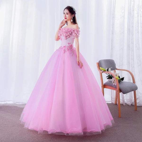 Elegant Candy Pink Prom Dresses 2019 Ball Gown Off-The-Shoulder Pearl Lace Flower Appliques Short Sleeve Backless Floor-Length / Long Formal Dresses