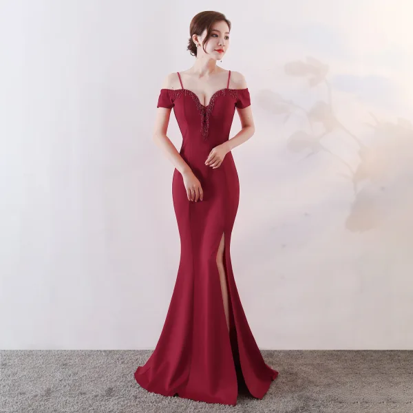 Chic / Belle Couleur Unie Ivoire Robe De Soirée 2019 Trompette / Sirène Bretelles Spaghetti Perlage Gland Sans Manches Dos Nu Fendue devant Longue Robe De Ceremonie