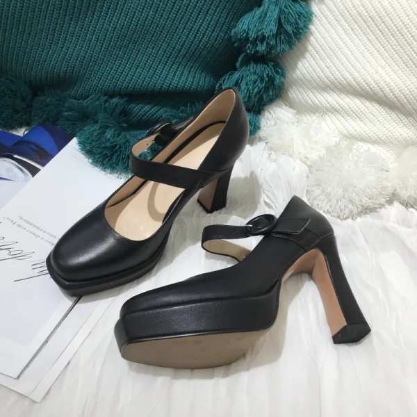 Simple Noire Vêtement de rue Escarpins 2021 Cuir 10 cm Talons Aiguilles Pied Carré Escarpins Talons Hauts
