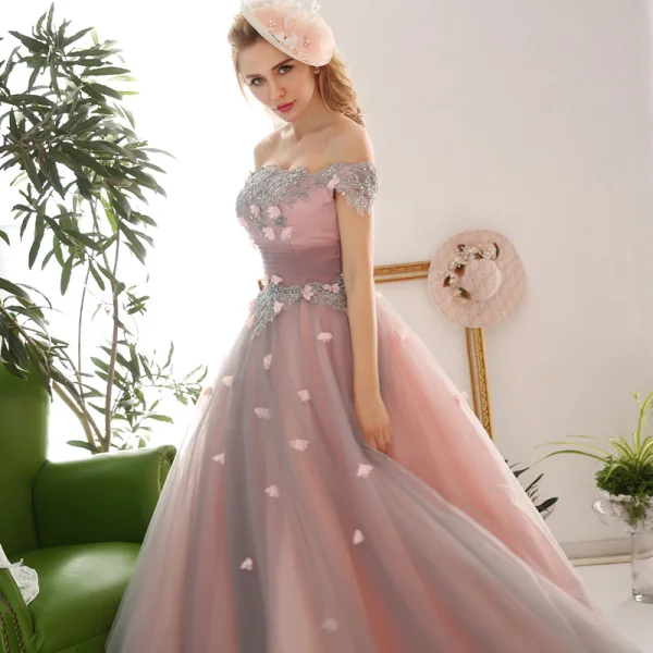 Vintage / Retro Blushing Pink Prom Dresses 2018 Ball Gown Appliques Beading Crystal Sequins Off-The-Shoulder Backless Sleeveless Floor-Length / Long Formal Dresses