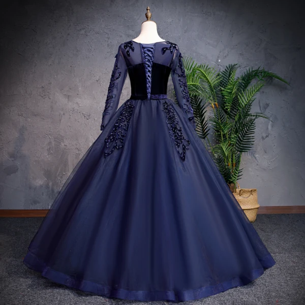 Chic / Beautiful Navy Blue Prom Dresses 2019 A-Line / Princess Scoop Neck Beading Pearl Suede Flower Sequins Long Sleeve Floor-Length / Long Formal Dresses