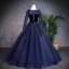 Chic / Beautiful Navy Blue Prom Dresses 2019 A-Line / Princess Scoop Neck Beading Pearl Suede Flower Sequins Long Sleeve Floor-Length / Long Formal Dresses