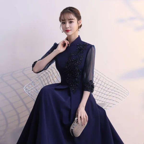 Classy Burgundy Evening Dresses 2019 A-Line / Princess High Neck Bow Lace Flower 1/2 Sleeves Floor-Length / Long Formal Dresses