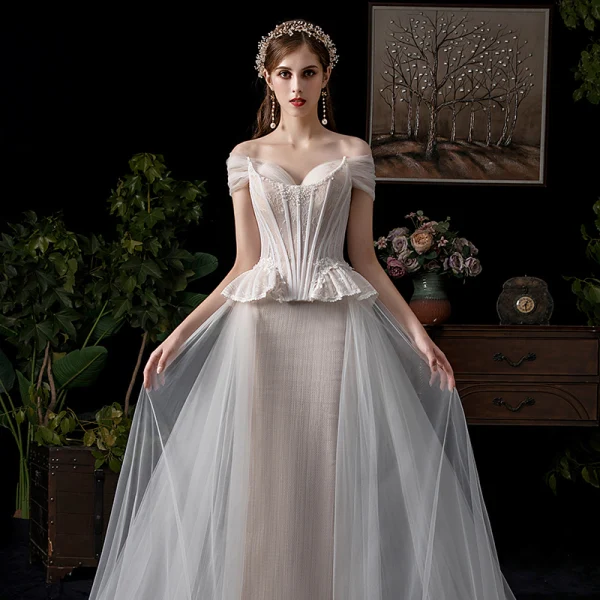 Amazing / Unique Champagne Wedding Dresses 2019 A-Line / Princess Off-The-Shoulder Pearl Lace Flower Short Sleeve Backless Chapel Train