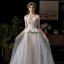Amazing / Unique Champagne Wedding Dresses 2019 A-Line / Princess Off-The-Shoulder Pearl Lace Flower Short Sleeve Backless Chapel Train