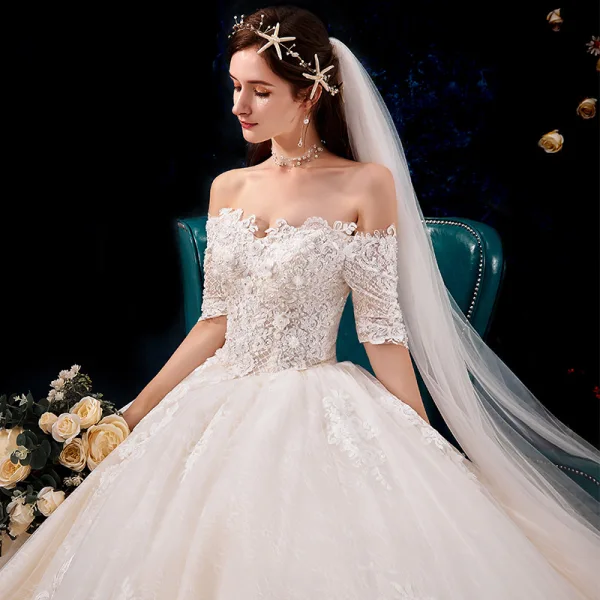 Luxury / Gorgeous Champagne Wedding Dresses 2019 Ball Gown Off-The-Shoulder Beading Sequins Pearl Lace Flower Appliques Short Sleeve Backless Royal Train