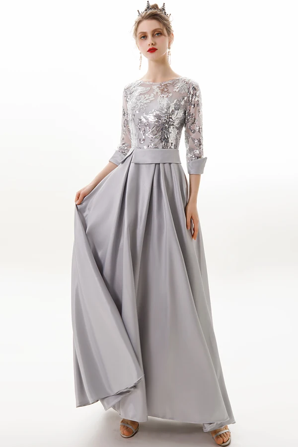 Modern / Fashion Silver Evening Dresses  2019 A-Line / Princess Scoop Neck Sequins 3/4 Sleeve Backless Floor-Length / Long Formal Dresses