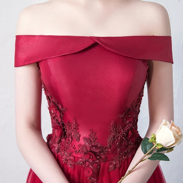 Chic / Beautiful Burgundy Prom Dresses 2018 A-Line / Princess Lace Appliques Beading Off-The-Shoulder Backless Sleeveless Floor-Length / Long Formal Dresses