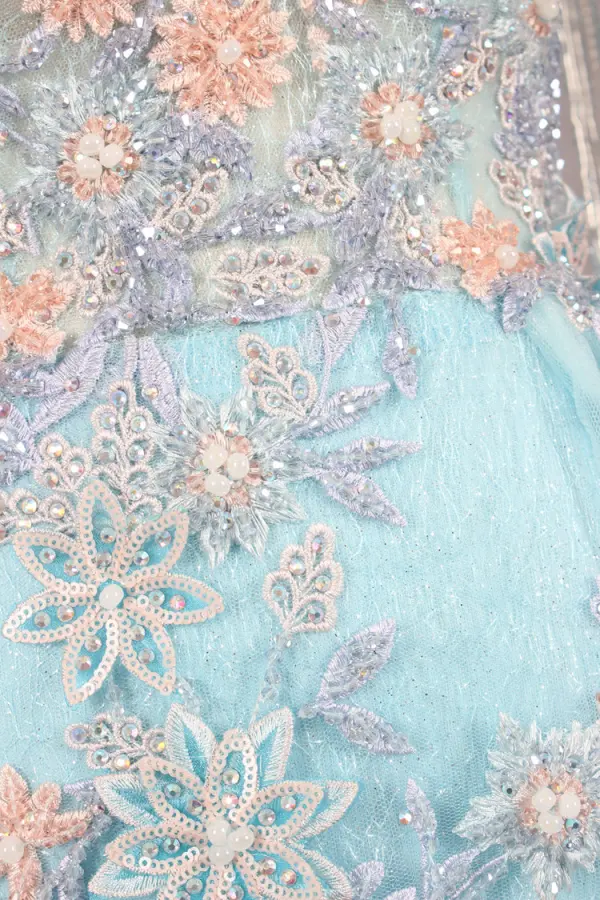 High End Blau Handgefertigt Perlenstickerei Abendkleider 2019 A Linie Eckiger Ausschnitt Kristall Quaste Perle Strass Pailletten Spitze Blumen Applikationen Ärmellos Sweep / Pinsel Zug Festliche Kleider