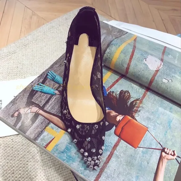 Sexy Noire Soirée Escarpins 2019 En Dentelle Rivet 10 cm / 4 inch Talons Aiguilles À Bout Pointu Escarpins