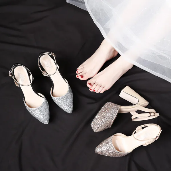 Modern / Fashion Gold Wedding Shoes 2019 Ankle Strap Sequins 11 cm Thick Heels Pointed Toe Wedding High Heels